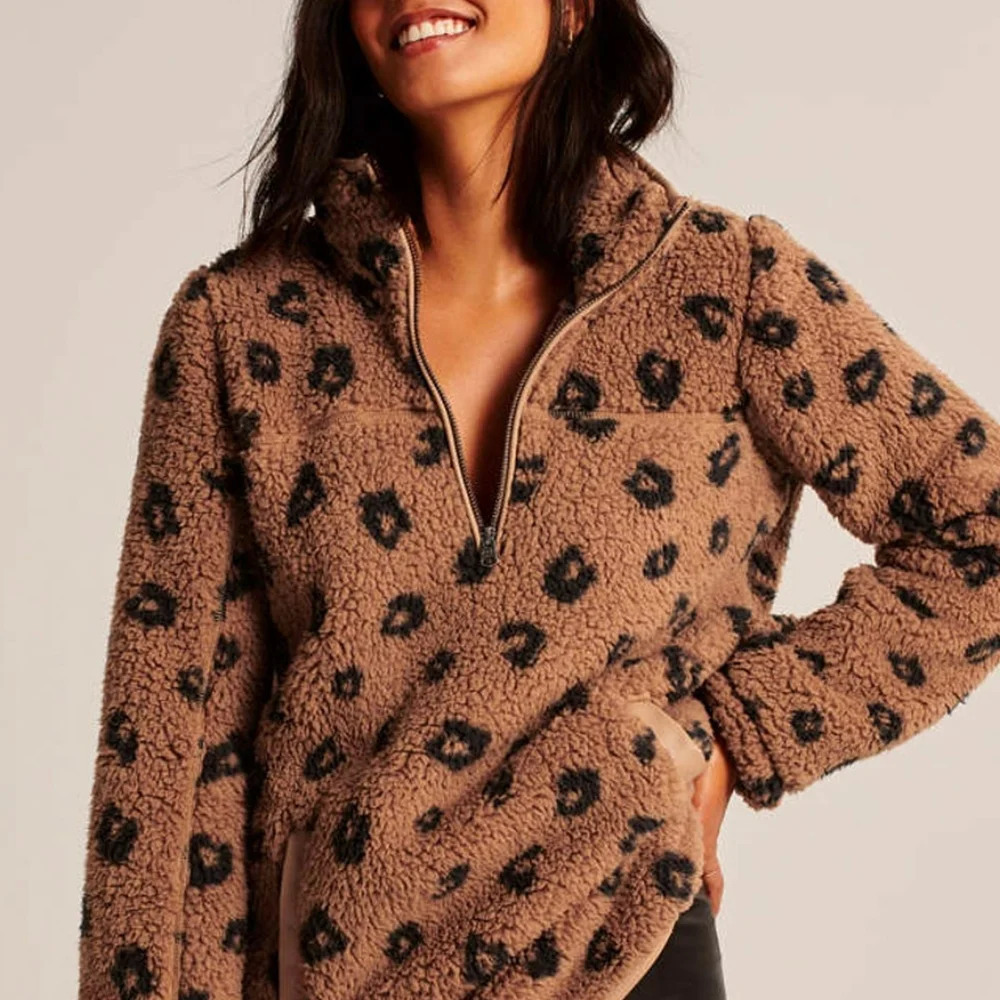 Abercrombie & Fitch Brown Cheetah Print Sherpa Half Zip Pullover‎ Jacket Size XS